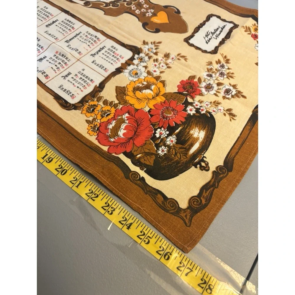 1980 German Clock Cloth Calendar Kitchen Tea Towel With Flowers Clean Condition